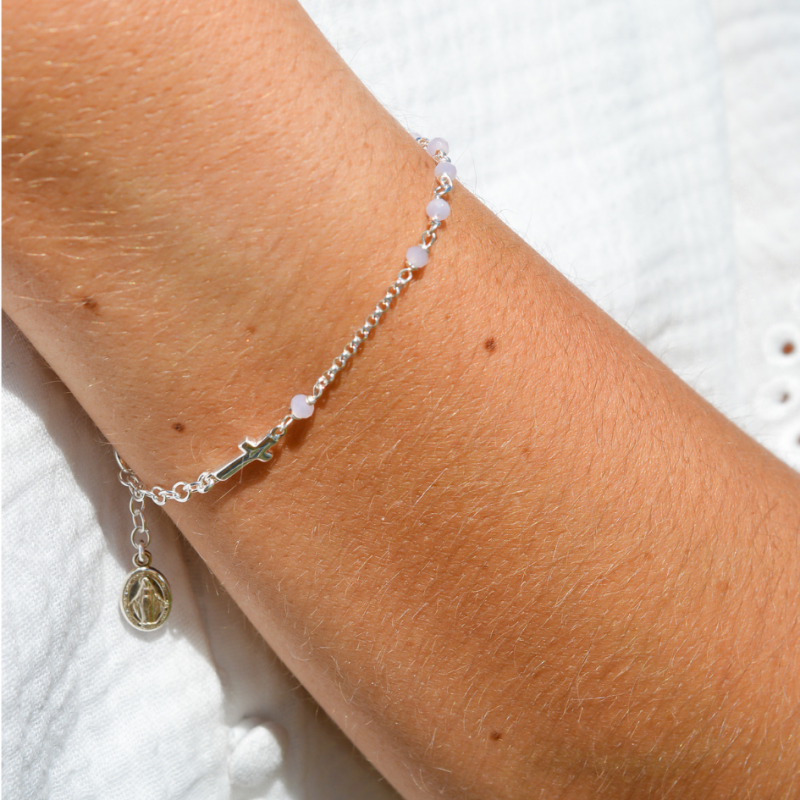 Bracelet Dizainier en argent massif et perles de couleur rose pâle