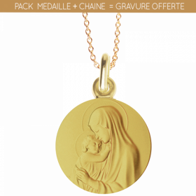 Médaille de baptême Portrait Madone de Botticelli et chaine forçat or 18 carats
