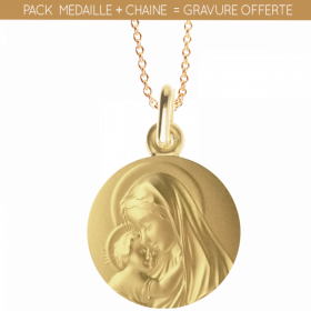 Médaille de baptême Vierge à l'enfant rayonnant et chaine en or 18 carats