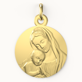 Médaille de baptême Vierge à l'enfant mère protectrice en or jaune 18 carats