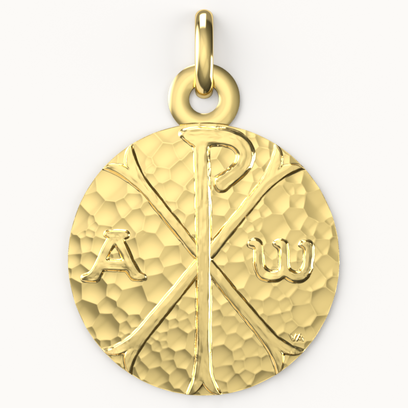 Medalla de Bautismo Crisma Martillado Oro Amarillo 18 Quilates-Casa Laudate