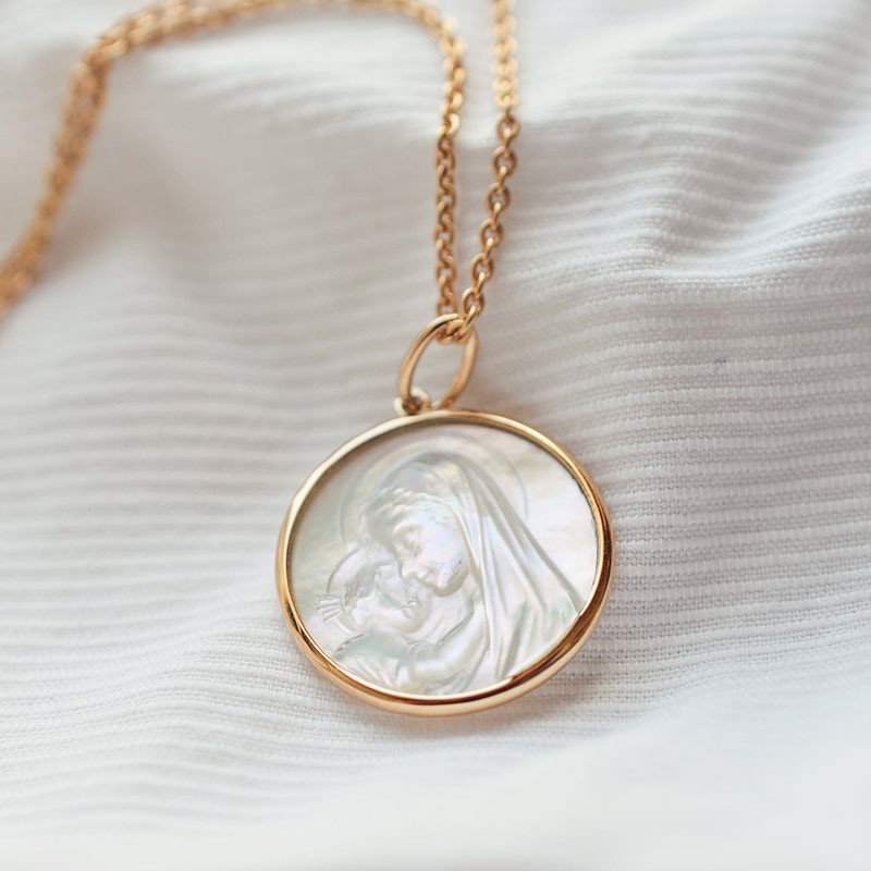 Médaille de baptême Vierge à l'enfant rayonnant nacre
