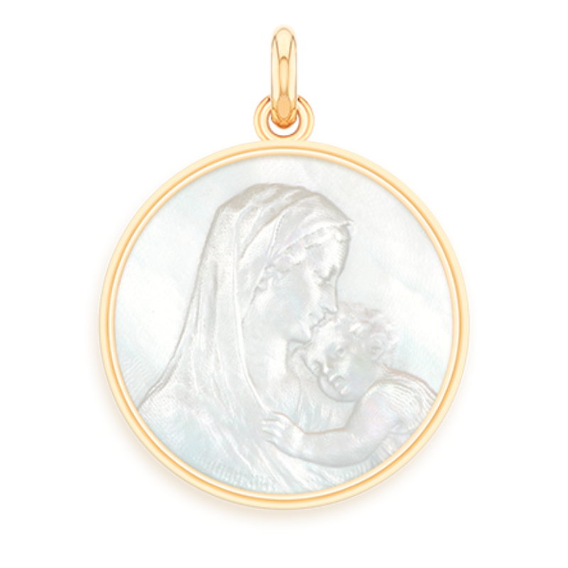 Medaille de Baptême Vierge de la Maternite en Nacre et Or 18 carats Medaille de Baptême Vierge de la Maternite en Nacre et Or 18 carats