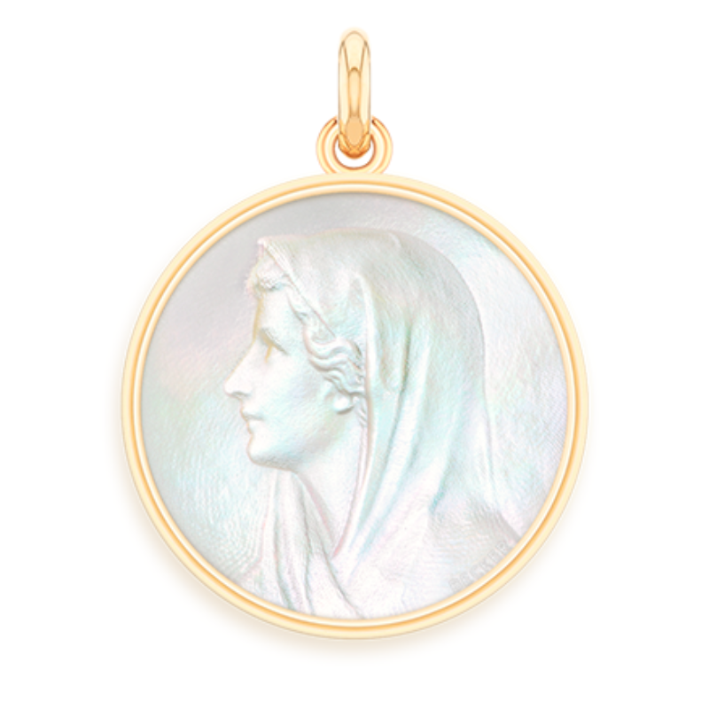 Medaille bapteme Vierge au voile nacre et or laudate Medaille bapteme Vierge au voile nacre et or laudate