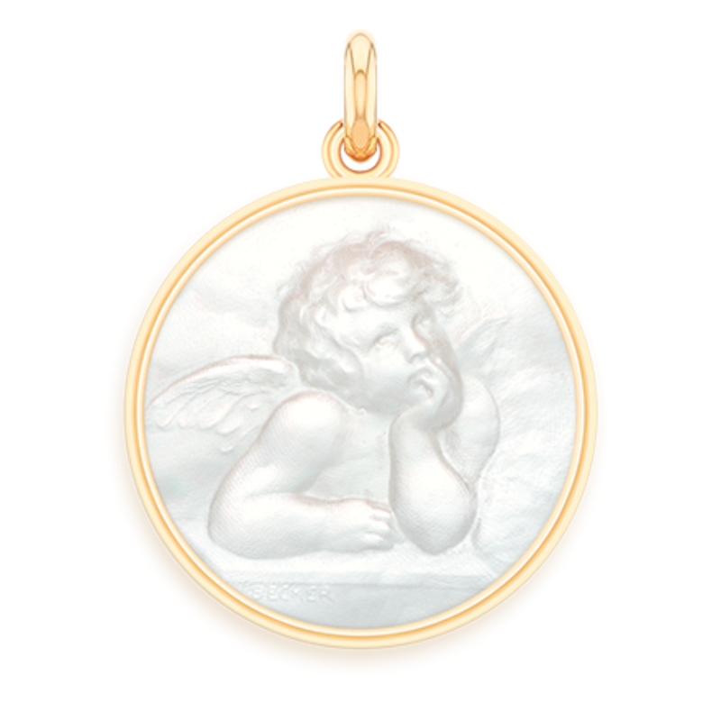 Medaille bapteme Ange Raphael nacre or laudate