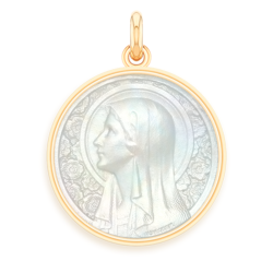 Medaille bapteme Vierge à l'Eglantier nacre et or 18 carats laudate