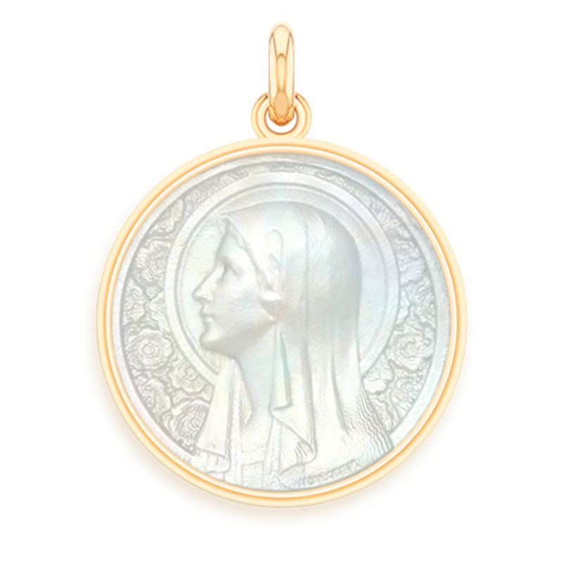 Medaille bapteme Vierge à l'Eglantier nacre et or 18 carats laudate