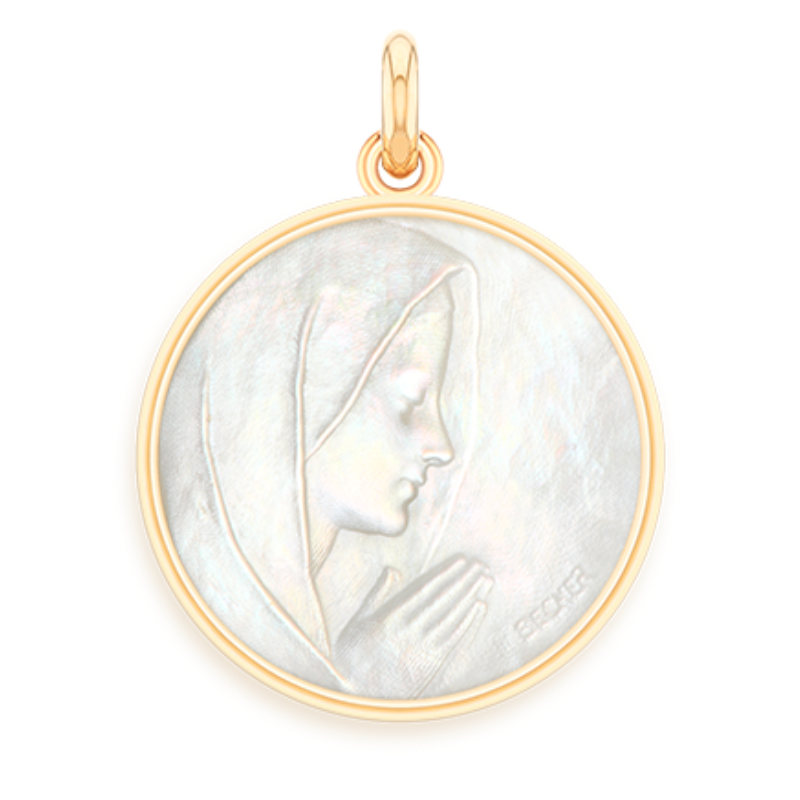 Medaille bapteme Vierge prière nacre or 18 carats laudate