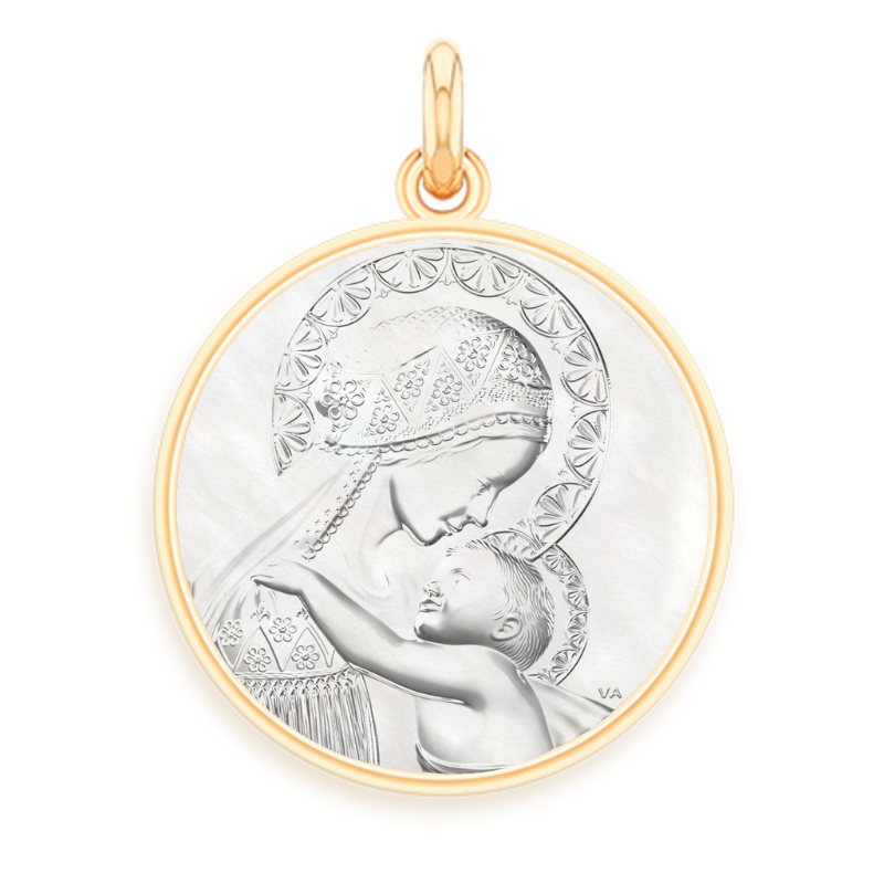 Medaille de Baptême Vierge Douce Mère en Nacre et Or 18 carats