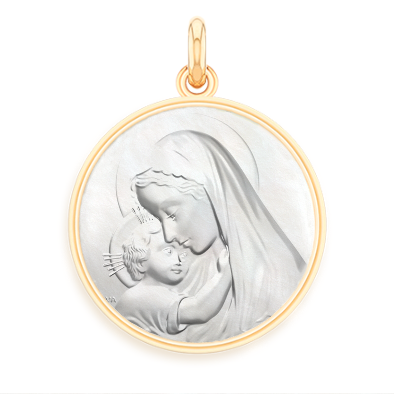 medaille nacre et or vierge à l'enfant rayonnant