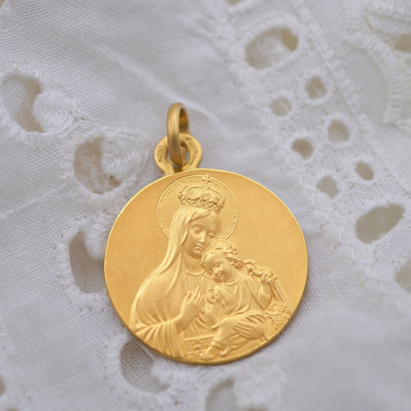 Medalla de bautismo de escapulario de Cristo y Virgen con el niño en oro - Laudate