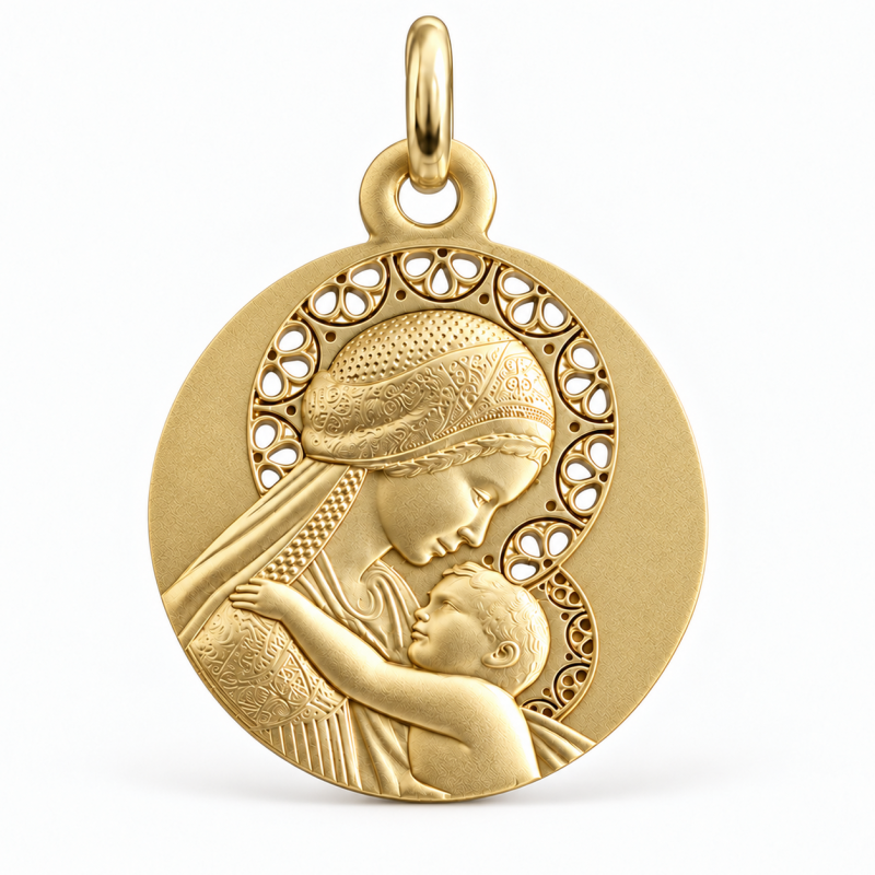 Médaille de bapteme : vierge à l'enfant ajourée en or 18 carats modèle Douce Mère Ajourée